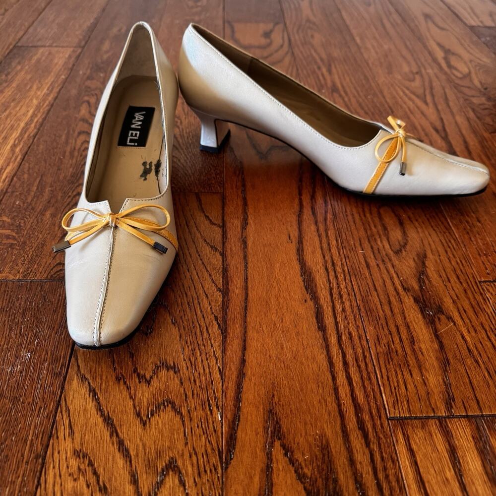VANELI Women's Shoes 8.5 SS Super Slim Leather Heels Beige Gold Bow Vero Cuoio